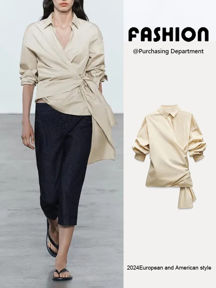 

Новая летняя женская блузка из шелкового твила с узлами, универсальная, цветная, с длинным рукавом, стандартной длины, для повседневной носки