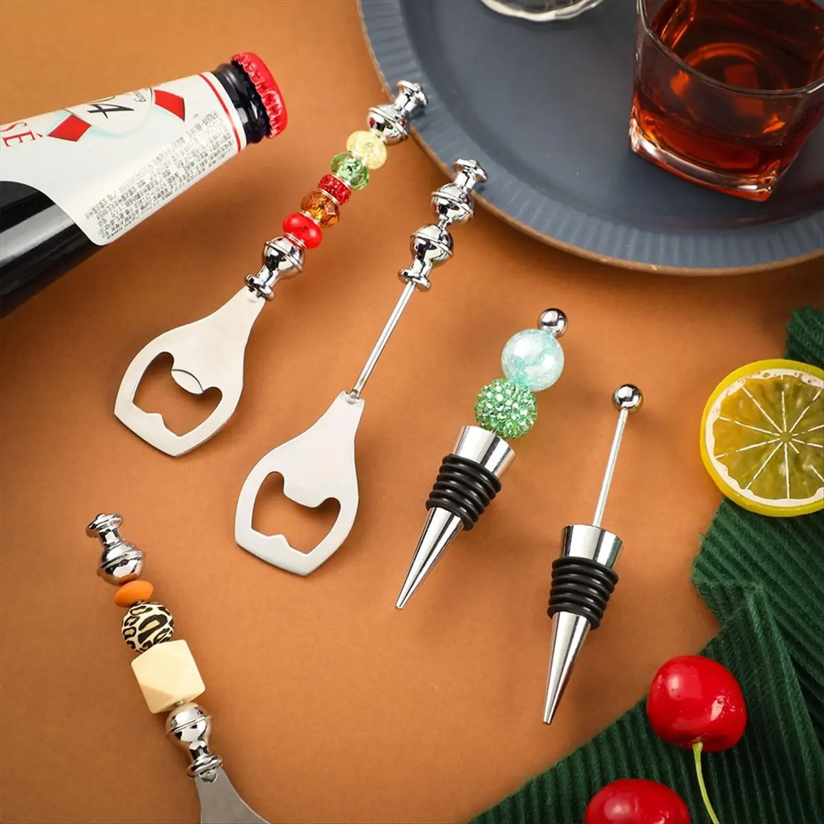 A45I Beadable Wine Stoppers Beadable Beer Opener Set 10 Decorative Beaded Wine Bottle Stopper 10 Alloy Reusable Bottle Opener