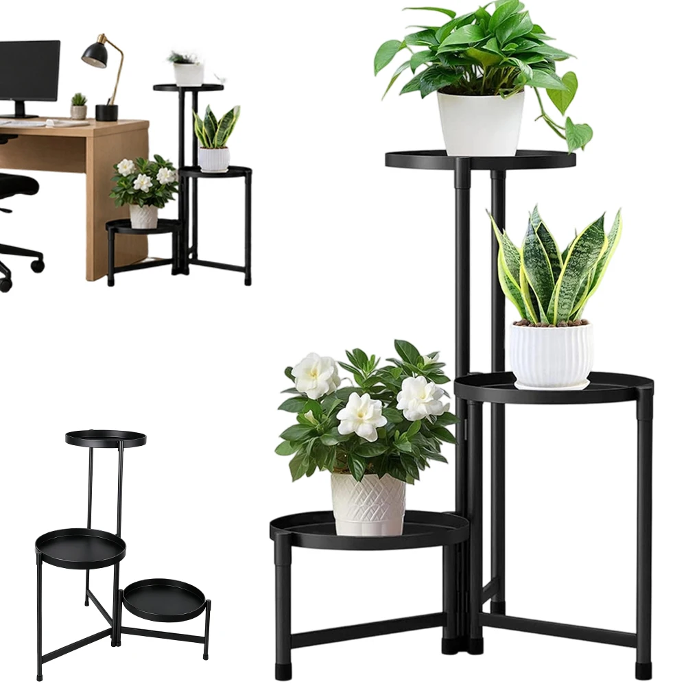 Support à plantes en métal noir à 3 niveaux avec plateaux de récupération d'eau de 25 cm, design pliable résistant à la rouille, montage rapide sans outils, étagère de présentation multi-usages peu encombrante pour l'intérieur/l'extérieur, salon, balcon, jardin, peut contenir divers pots et objets décoratifs