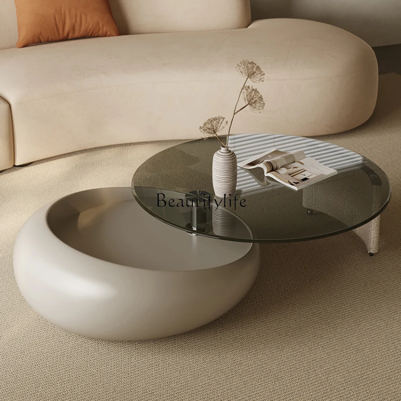 Cream Style Rotating Tea Table Living Room Home Light Luxury High-Grade Art Circle and Creative Glass Tea Table