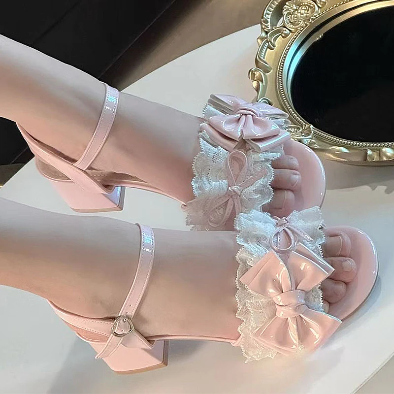 

2026 Sweet Pink Girl Summer Sandals Lace Elegant Bow Lolita Cute High Heels Sandals Outdoor Comfortable Tacones De Mujer