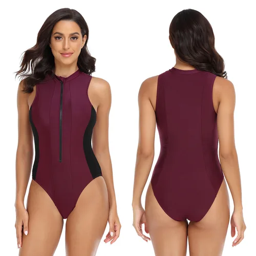 Imagen 2 del producto Traje de baño negro sin mangas de una pieza para mujer, traje de baño atlético con cremallera frontal, traje de baño deportivo, traje de Surf