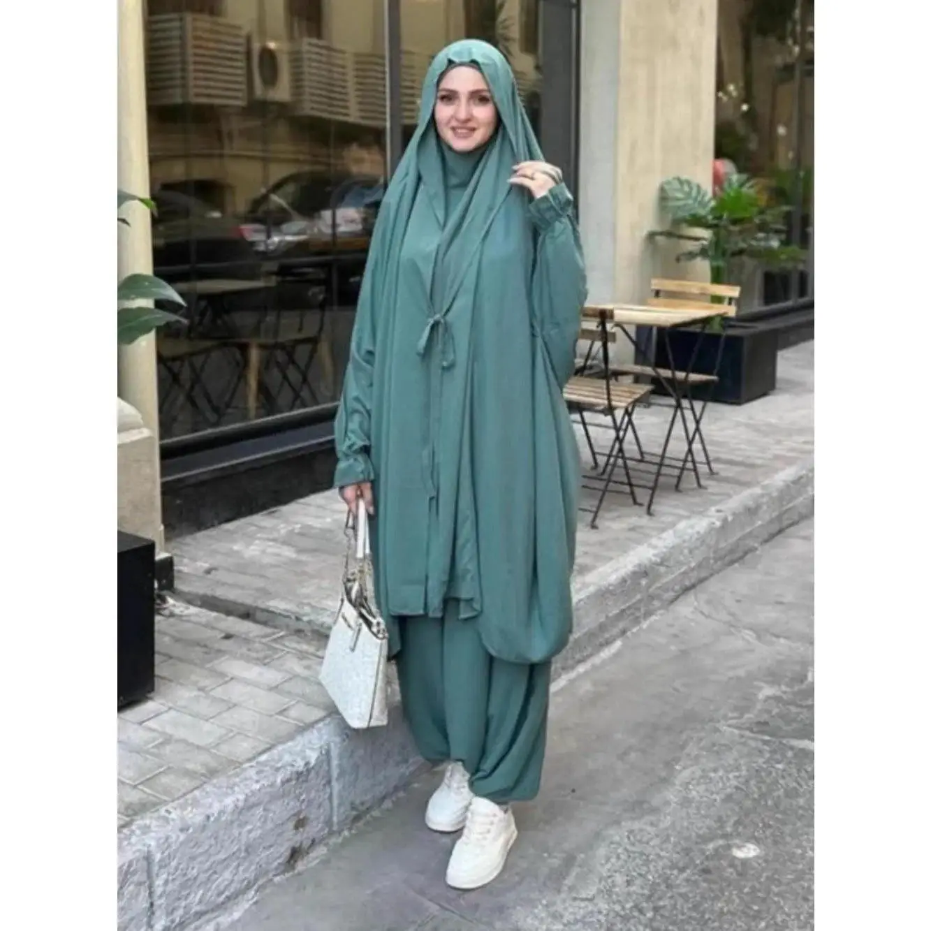 

Eid Muslim Long Khimar top Pant 2 Piece Set Women Abaya Prayer Garment Full Cover Ramadan Kaftan Djellaba Musulman Ensembles