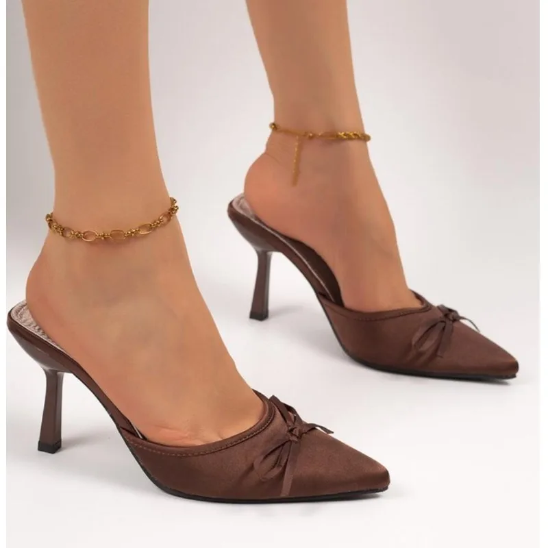 Fashion Satin Butterfly-Knot Ladies Heels Slippers Sandals Female Pointed Mules Slides Women Heeled Party Dress Striptease Shoes
