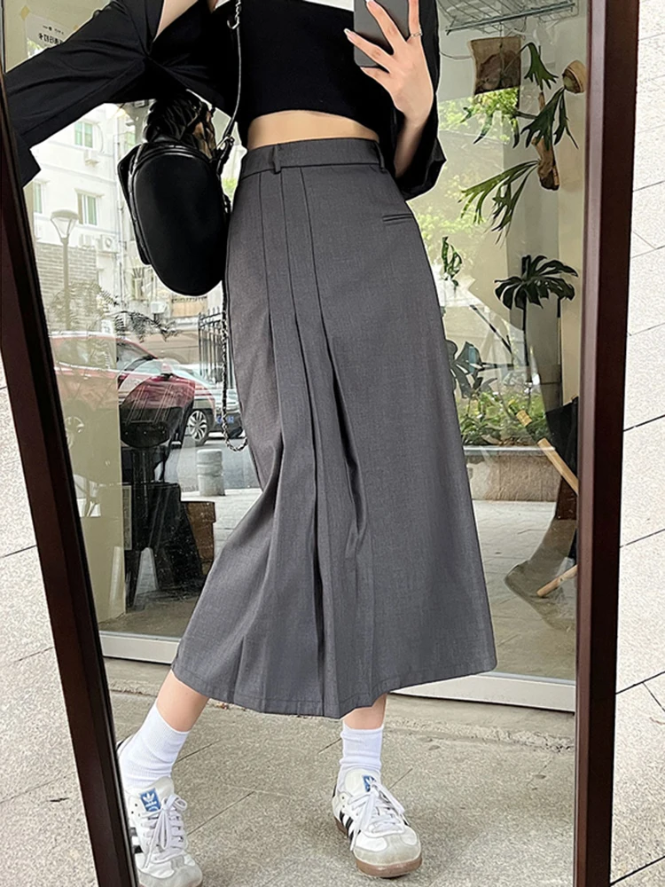 

High Waist A-Line Midi Skirt Women's Suiting Pleated Skirt Korean Sle Commute Pure Color Autumn Season