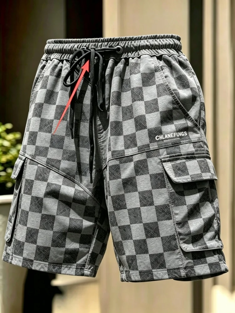 Men Grey Black Checkerboard Plaid Multi Flap Pocket Cargo Shorts Elastic Drawstring Waist Streetwear Casual Shorts