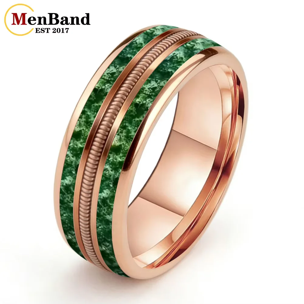

MenBand New Style 8MM Men Women Wedding Band Tungsten Carbide Ring Guitar String and Green Moss Agate Inlay Comfort Fit