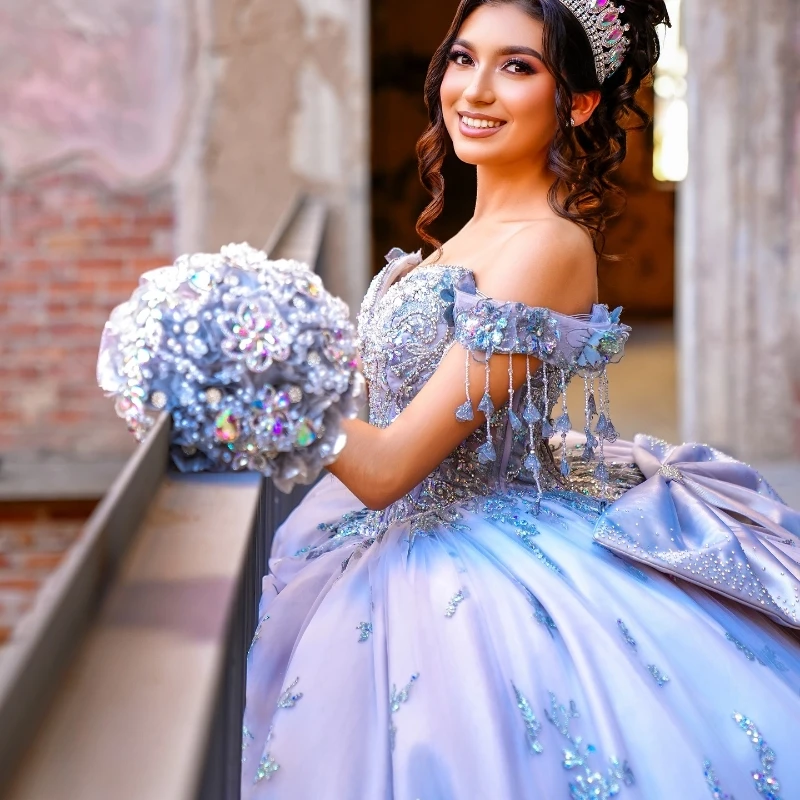 Customized Light Blue Quinceanera Dresses Ball Gown Off Shoulder Sequin Appliques Lace Beads Tull Bow Sweet 16 Dress Vestidos 15