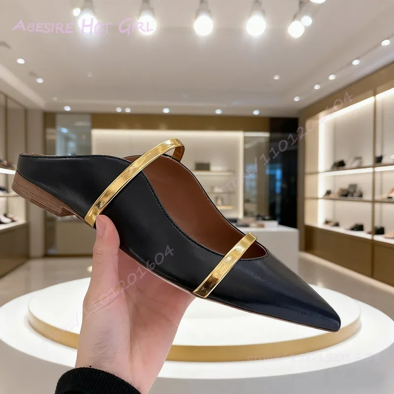 البغال المسطحة جلد أسود حزام الذهب المرأة عادية المنزل الكاكي وأشار النعال جوفاء الفضة الجانب موجة حذاء قماش جلد أبيض