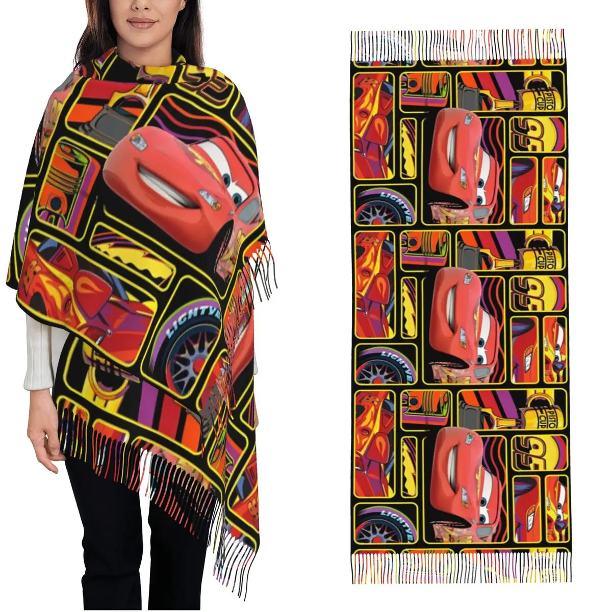 Lightning Mcqueen Cars 95 Scarf for Women Fall Winter Cashmere Shawl Wrap Cartoon Long Large Scarves with Tassel for Ladies