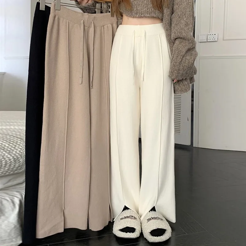 

Korean Autumn and Winter New Knitted Wide Leg Pants Women's High Waist Loose Slim Casual Pants Vertical Slit Mopping Pants LJ342