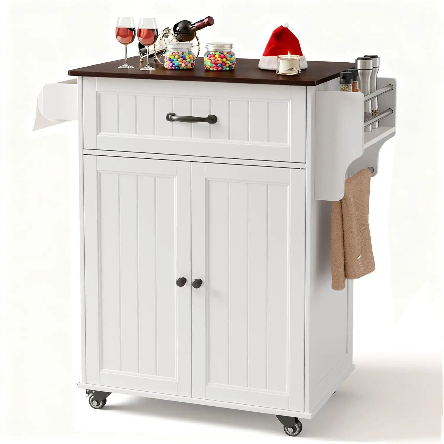 

Kitchen Island Cart with Adjustable Shelf, 33" W White Mobile Trolley Cart on Metal Wheels with Drawer & Storage Cabinet, Spice