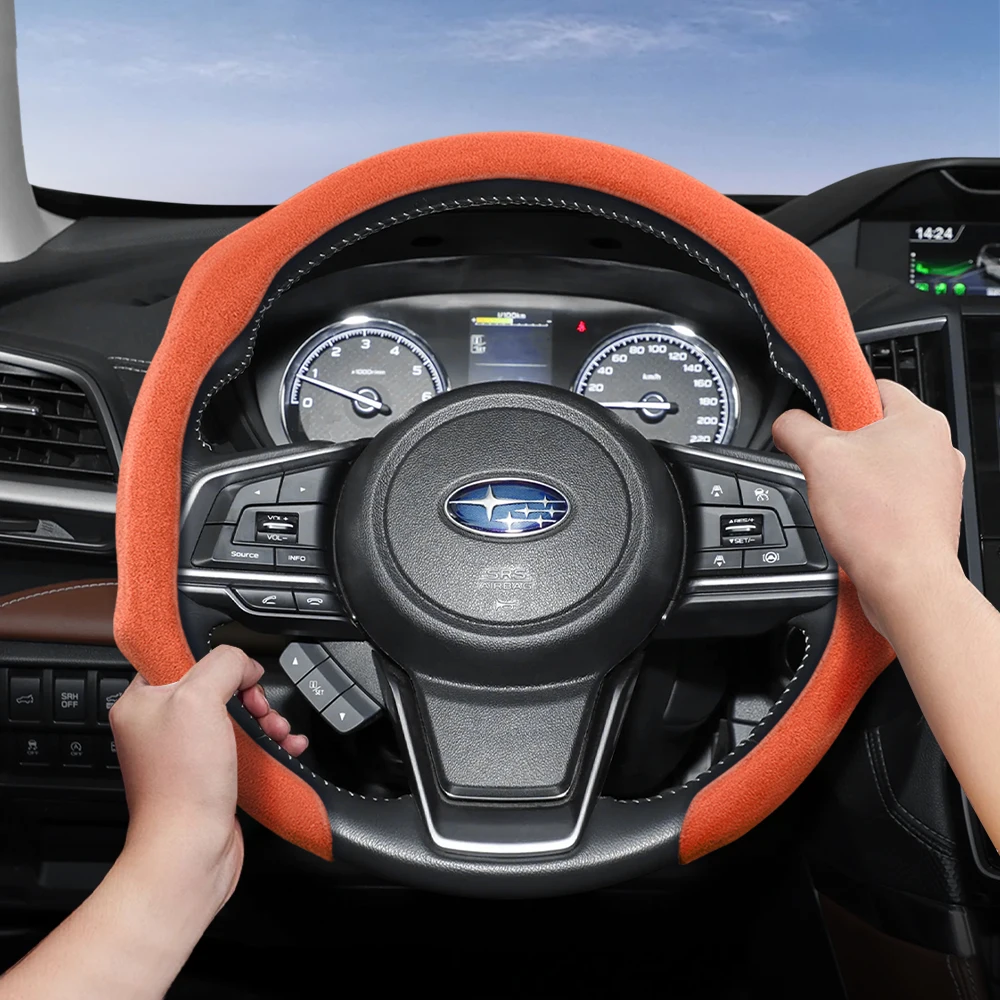 Suitable for Subaru Premium Suede Snap-On Steering Wheel Cover, Non-Slip and Durable, Round and D-Shaped Steering Wheel Available for Outback Forester Impreza Legacy Wrx Crosstrek Subaru Xv Brz and Other Models Black Orange White Pink Burgundy
