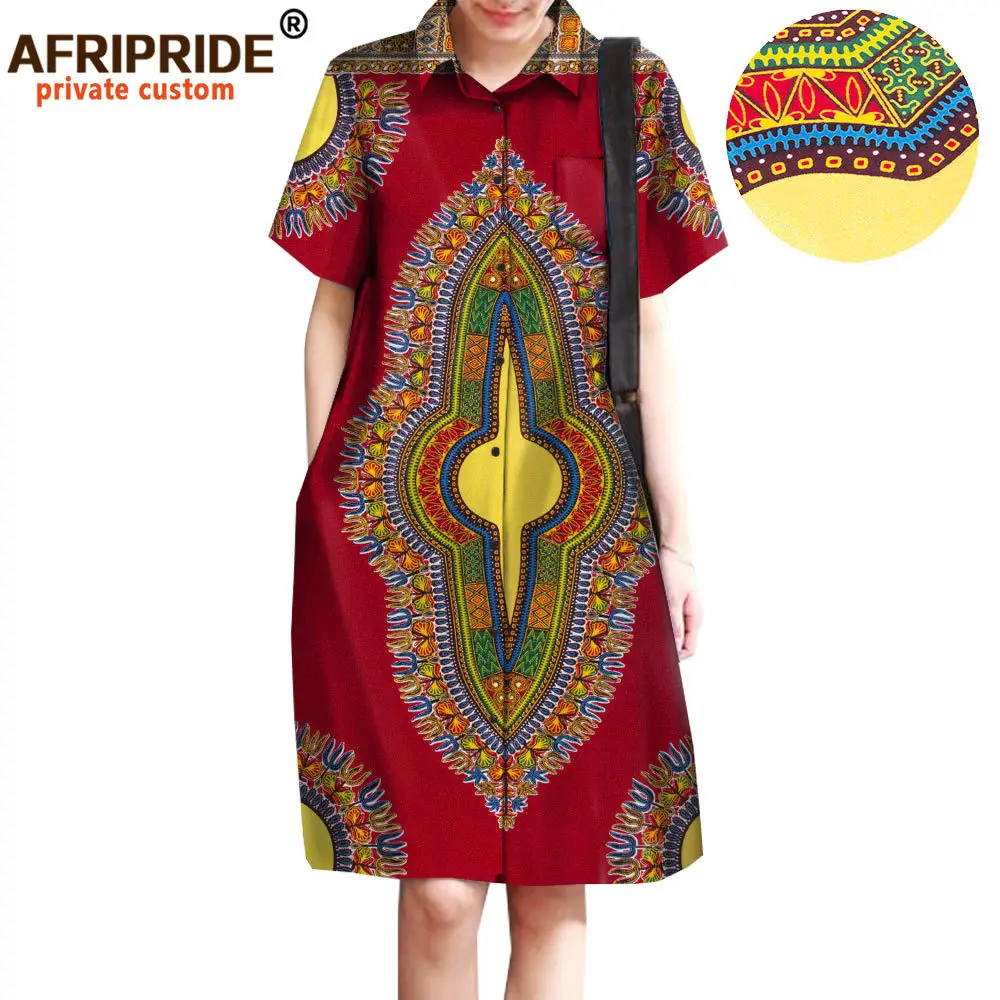 African Print Dresses for Women Shirt Dress Wax Batik 100% Cotton Plus Size Casual Outfits Short Sleeve Mini Dress A1825051
