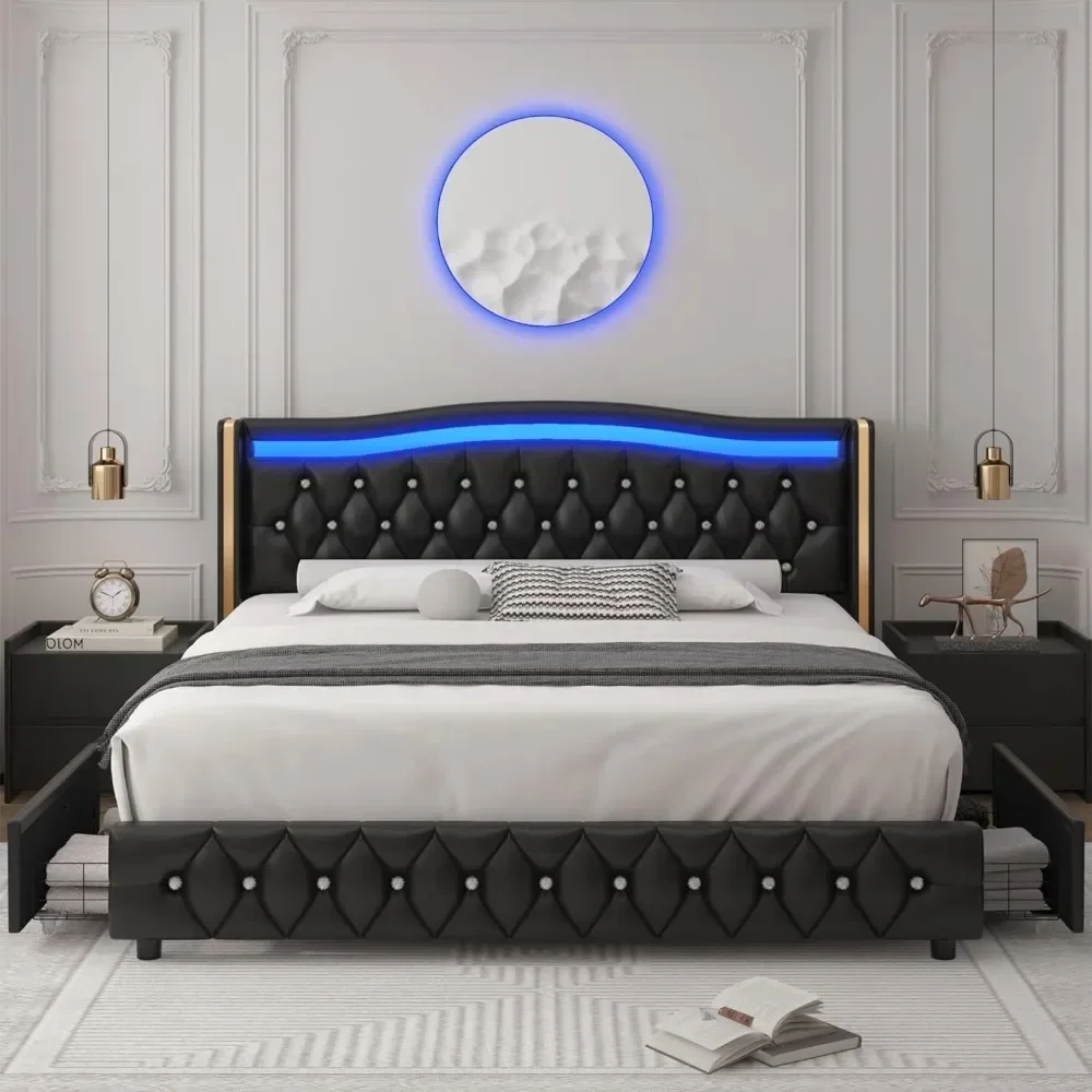 Estrutura de cama de plataforma LED inteligente com 4 gavetas de armazenamento, cabeceira com botão de cristal e acabamento dourado inoxidável, cama pretaLM