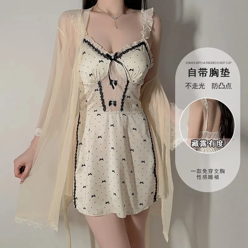

Lace Hollow Out Robe Set Suspender Nightgown Spring Summer Women Sleepwear Bathrobe Gown Suit Satin Nightdress Lounge Wear d'4o