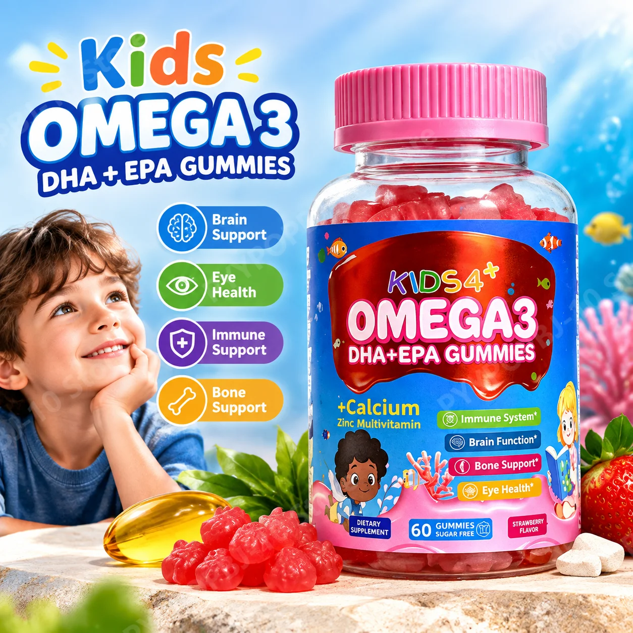 Kids Omega 3 DHA EPA Gummies for Brain Eye Immune Bone Support, Sugar-Free Algal Oil + Calcium Zinc Multivitamin, 60 Gummies