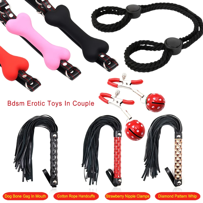 Bdsm adulto jogo bondage kits diamante padrão chicote morango sino mamilo grampos amarrando corda de algodão algema cão osso mordaça sex shop