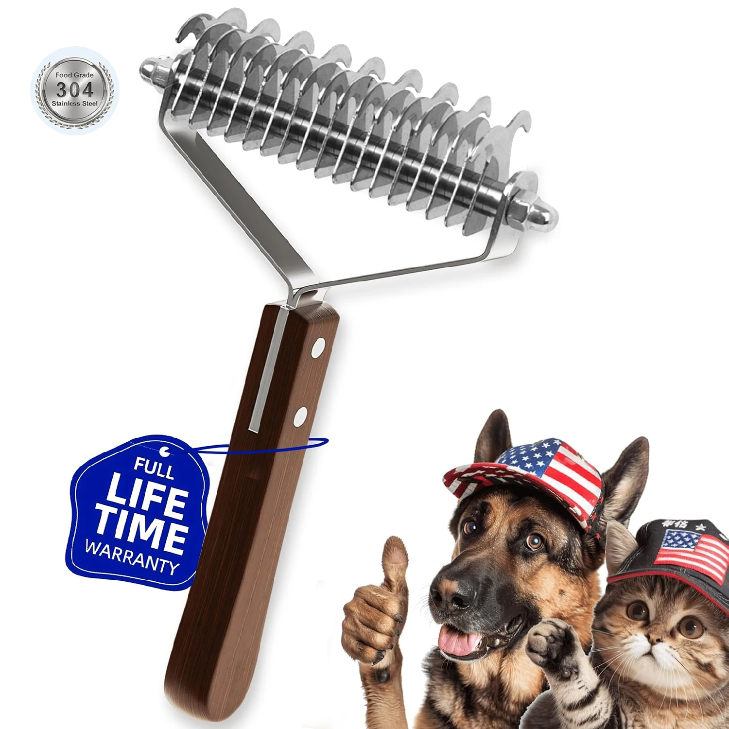 Undercoat Rake for Dogs & Cats, Dog Brush for Shedding Remove Mats, Dematting Comb, Safe & Gentle Grooming Brush,Wooden Handle