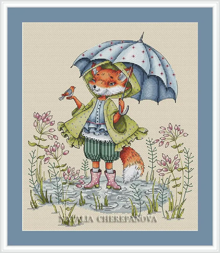 Fabric Cross Stitch Kit, DIY Embroidery, Handicraft Knitting Design, Fox Series, Walking in the Rain, 38-42