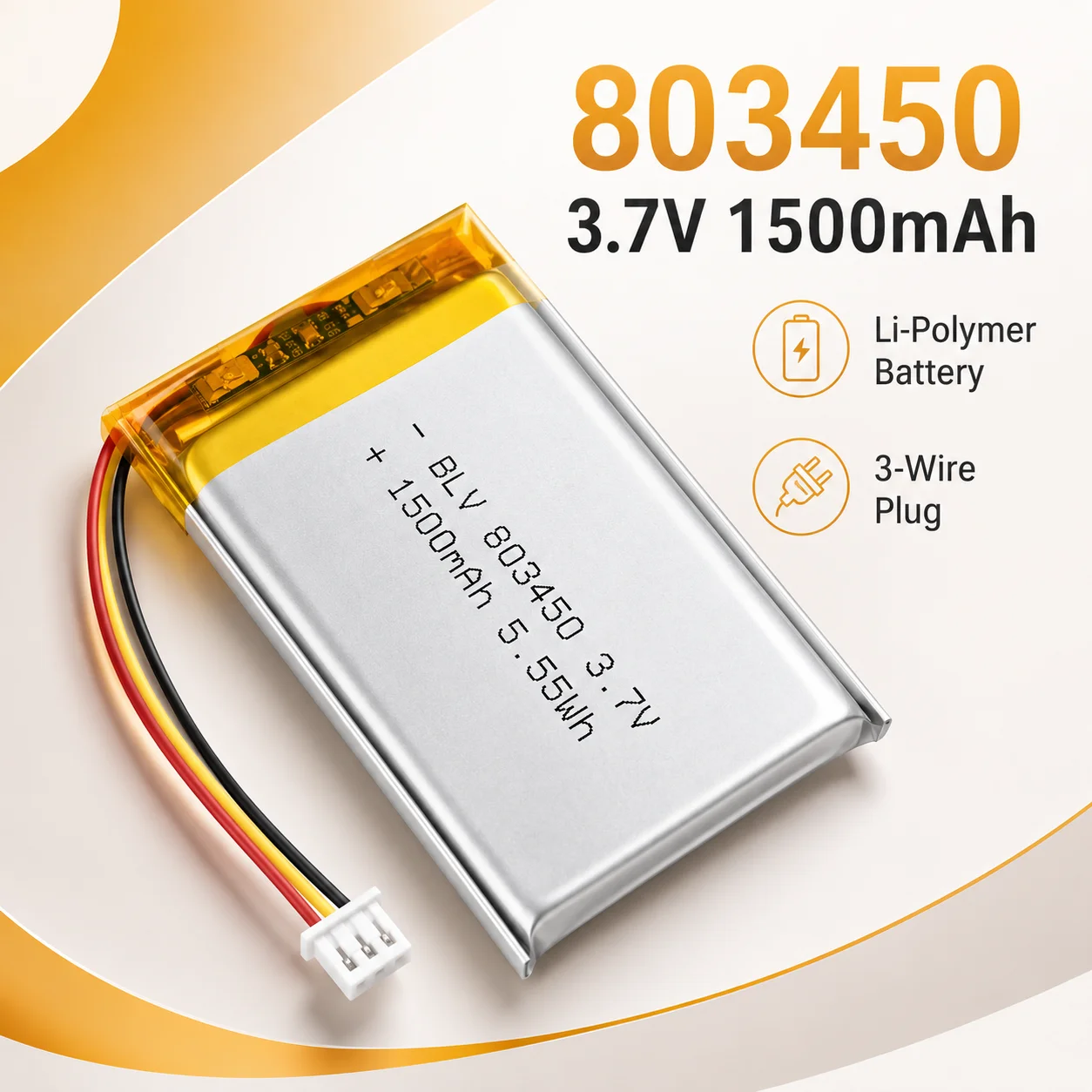 803450 3.7V 1500mAh LiPo Battery with PH 1.25mm 3pin Connector Rechargeable for MP3 DVD PAD Camera GPS Laptop Devices