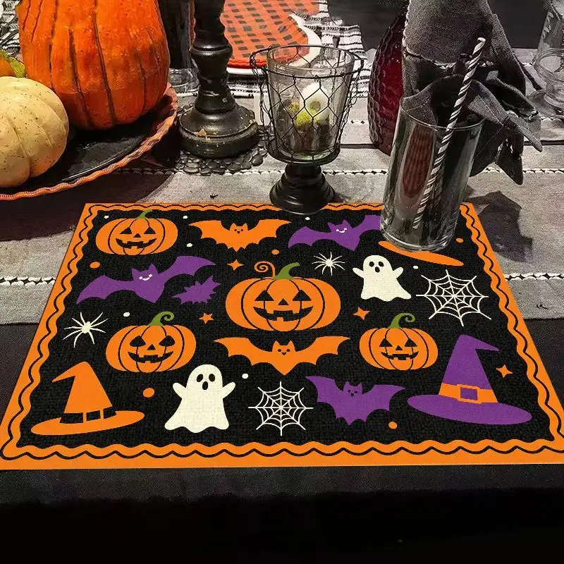 VIKAMA Orange Halloween Placemat Spooky Graffiti Design Table Mat for Home Kitchen Dining Decor