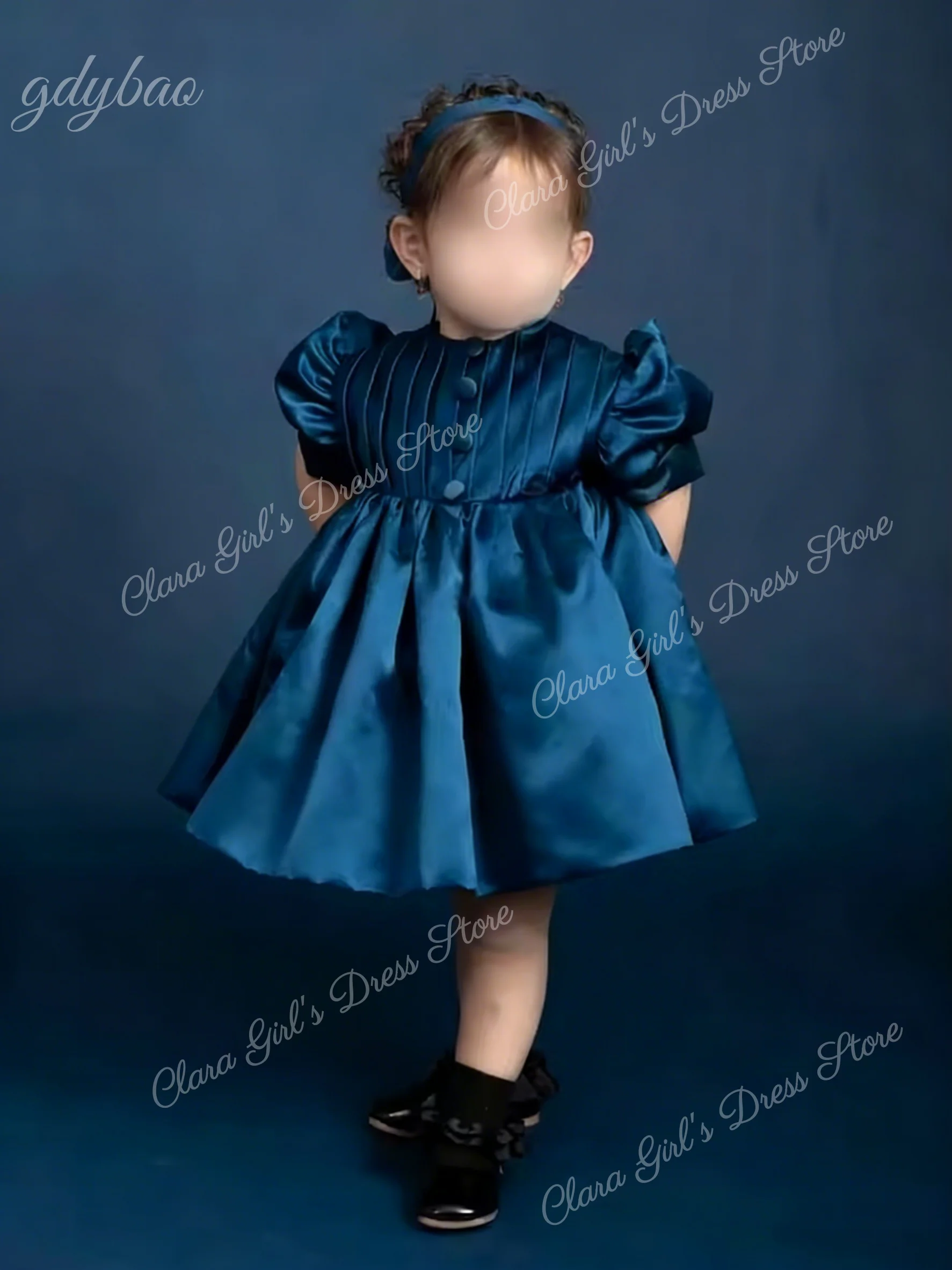 فستان فتاة الزهور من الساتان المكشكش المخصص لحفلات الزفاف فستان بأكمام منتفخة عالي الخصر لأعياد ميلاد الأطفال الصغار والمناولة الأولى