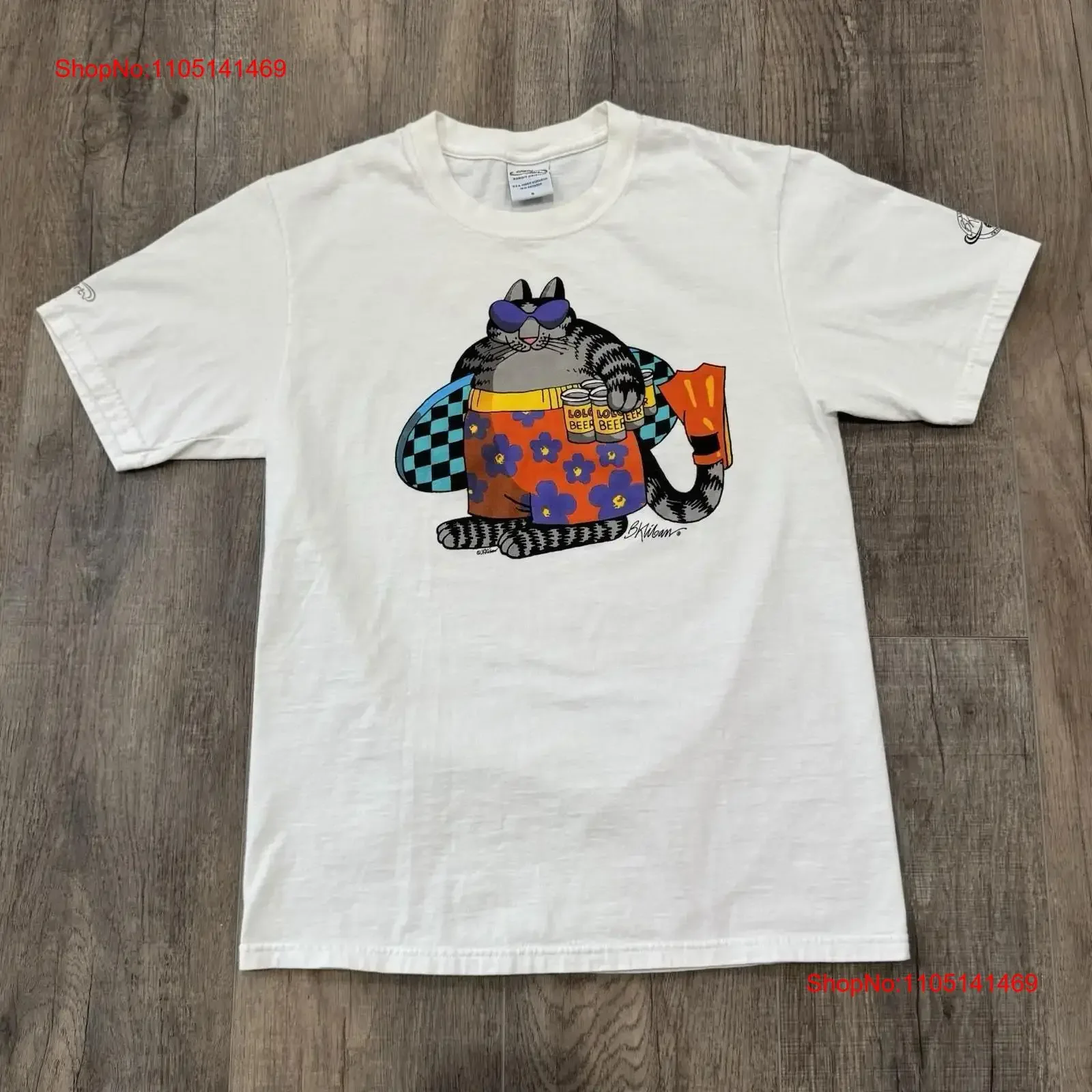 Vtg B Kilban Cat Crazy camiseta hombres pequeña cerveza Aloha divertida 90s Surf Beach vintage lavado Top para uso diario homme ligeramente