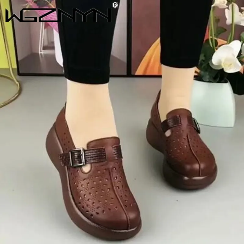 2022 NEW Spring Summer Shoes Hollow Genuine PU Leather Shoes Platform Sandals Increase Shoes Wedges High Heels Retro Women Shoes