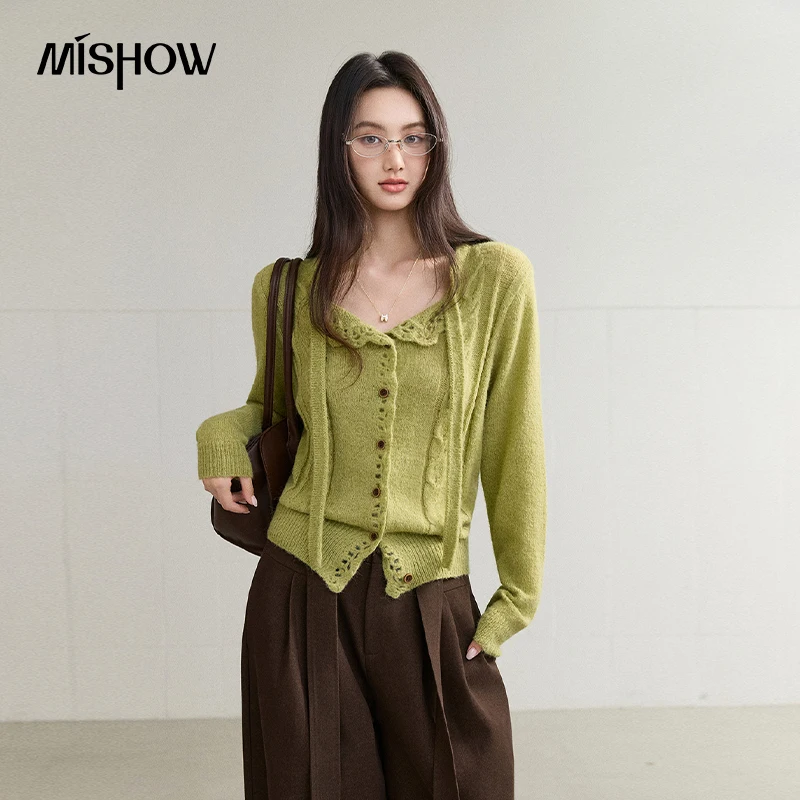 MISHOW Wool Blend Cardigan for Women Hollow Lace Trim Double Collar Knit Sweater 2026 Fall Long Sleeve Daily Knitwear MXF46Z3221
