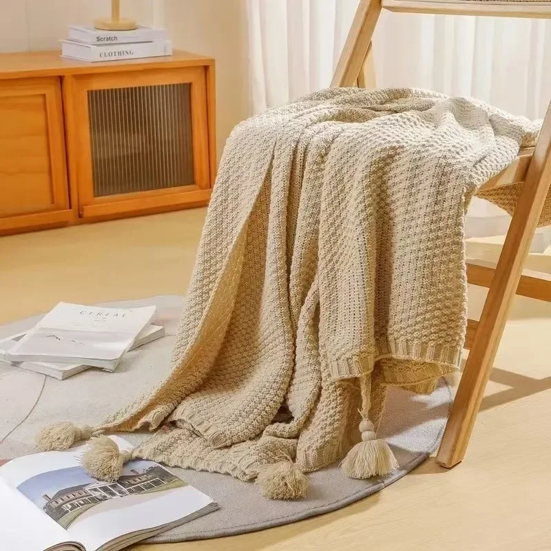 Nordic Chunky Knit Blanket with Tassel Khaki Waffle Embossed Bedspread for Bed Sofa Couch Knitted Throw Blanket Dropshipping