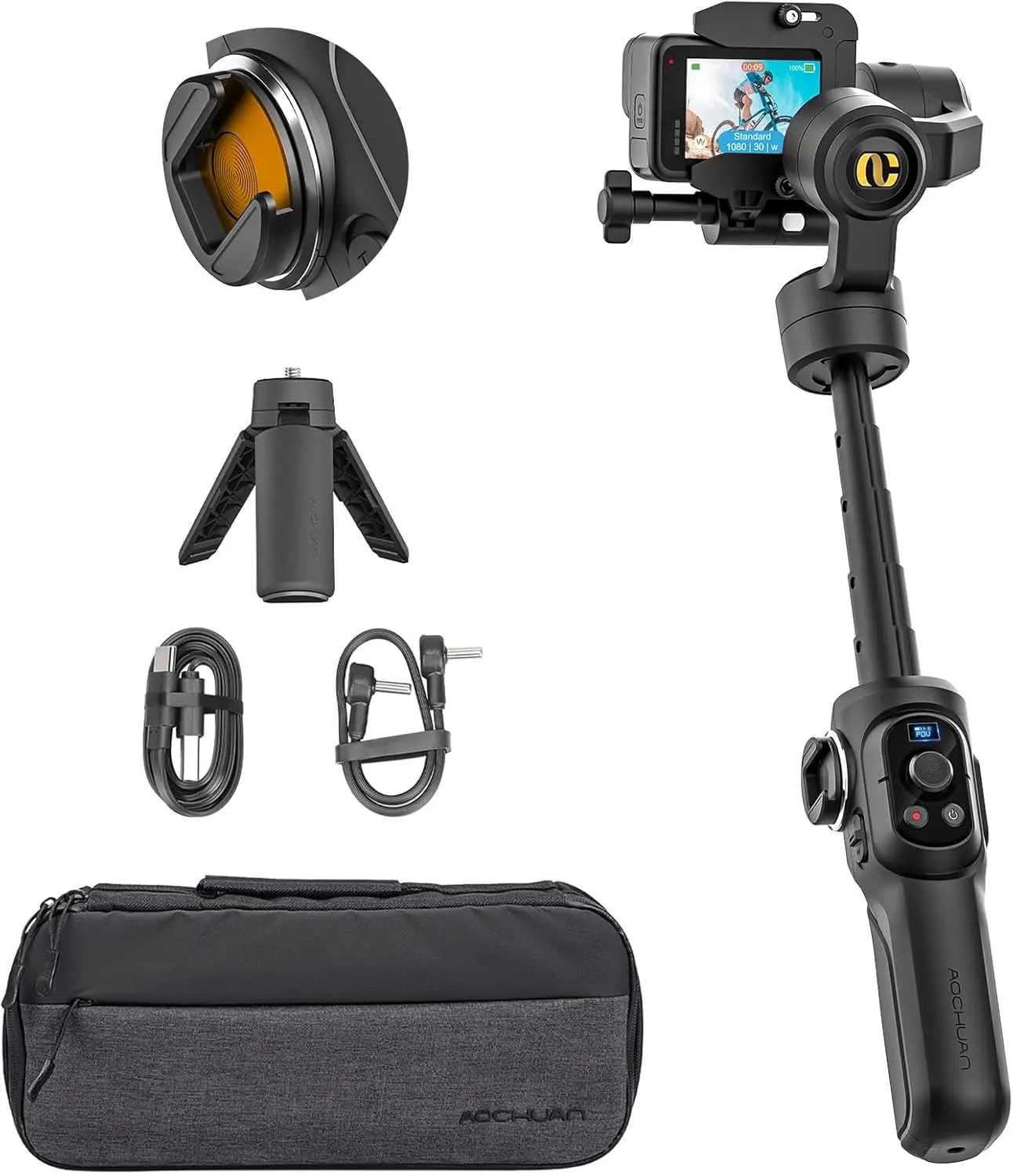 3-Axis Handheld Stabilizer for Action Camera with Built-in 19cm Extension Rod, Video Recording Support for Sport Cameras, Handheld Gimbal