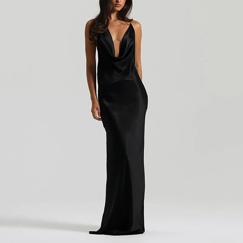 Mulheres com decote em v cetim vestido de dama de honra elegante sem mangas estilingue vestidos longos novo minimalista cor sólida sem costas magro vestido de noite