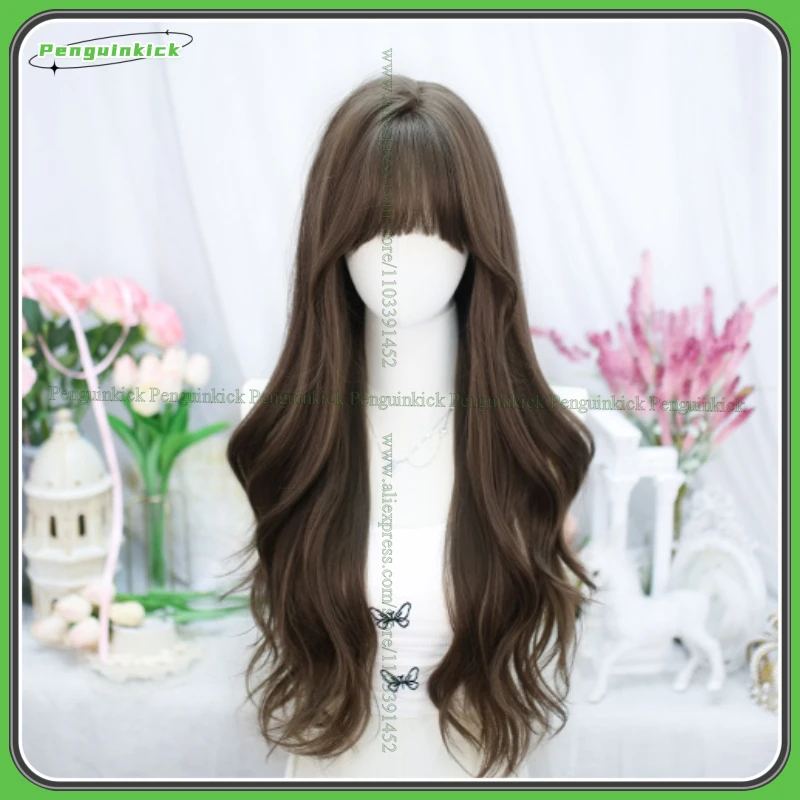 65-70cm Long Wavy Synthetic Wig Lolita Party Students Chic Girls Brown Grey Pink Water Wave Heat Resistant Hair Bangs Scalp