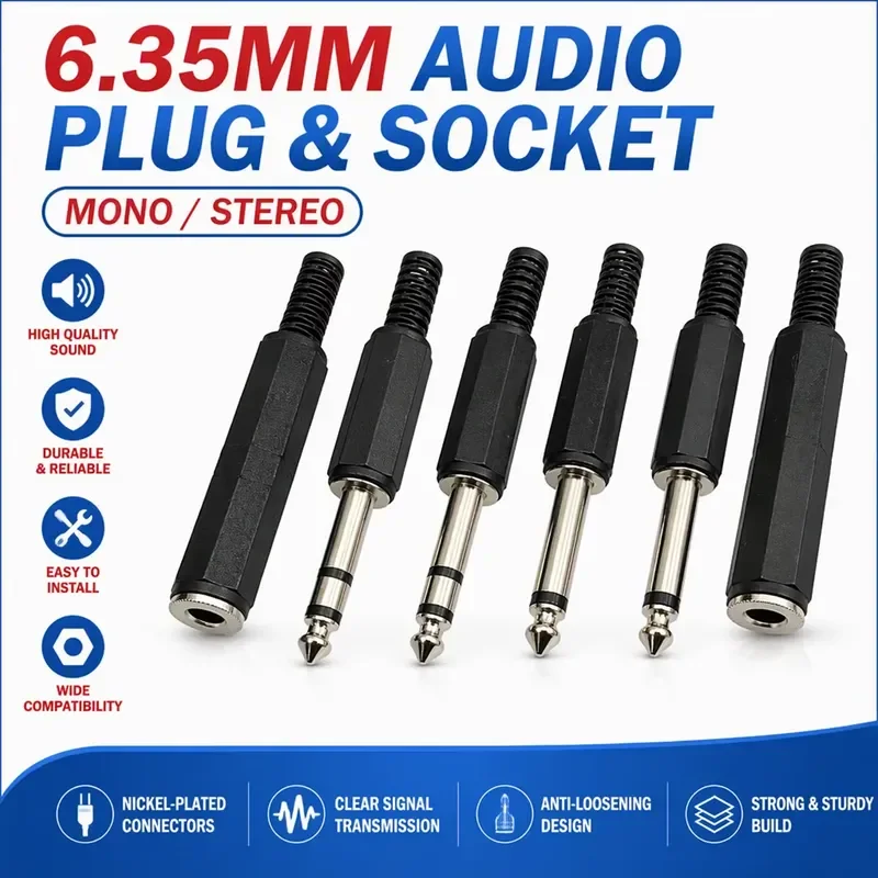 6.35 Stereo 3Pole / Mono 2Pole Plug 6.35mm Amplifier Microphone Plug 6.35mm Jack Plug Audio Connector