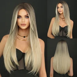 NAMM Synthetic Long Straight Ash ﻿Wig For Women Daily Use Party Gradient Blonde Mid Split Wig  High Density  Heat Resistant Wigs