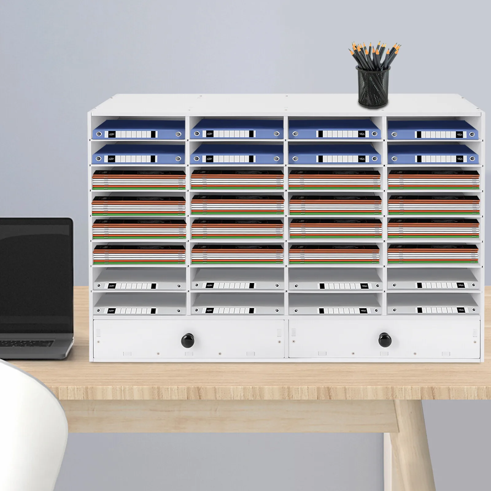 32-Compartment File Organizer With 2 Drawers–Adjustable, Durable, Fits Home/Office Organizes Documents, Easy Assembly & Cleaning