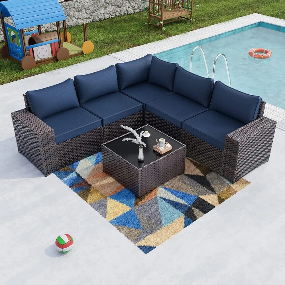 Outdoor Patio Furniture Set 6 Pieces Sectional Rattan Sofa Set Brown PE Rattan Wicker Patio Conversation Set with 5