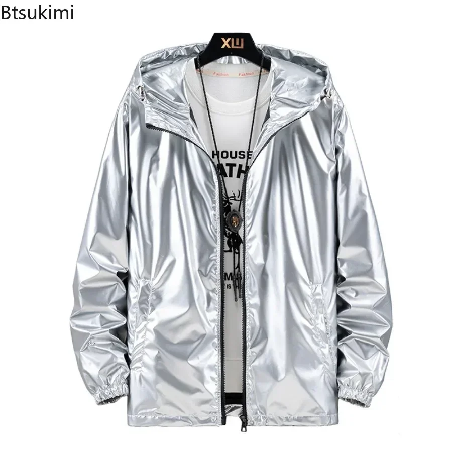 Men's Fashion Bright Surface Hooded Jackets Men Hiking Fishing Outdoor Sport Windbreak Thin Style Coats Trend Men's Clothing 7XL