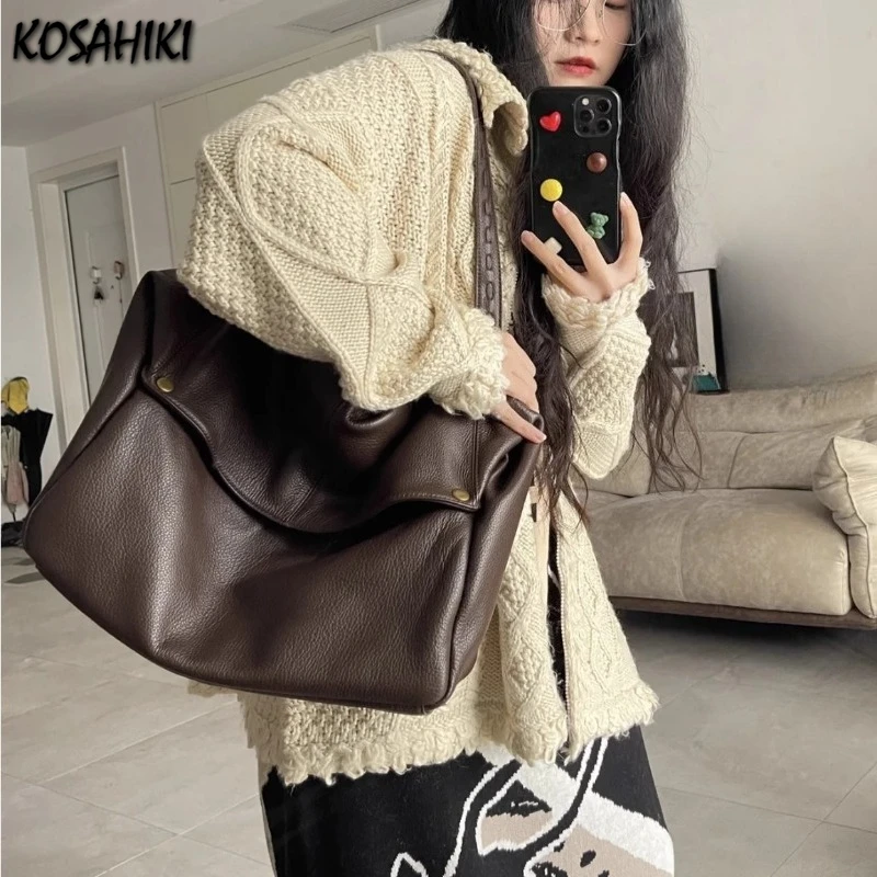 

High-capacity Casual Simple Elegant Shoulder Handbags Y2k Fashion Office Lady Underarm Bag Women Vintage Soft Leather Tote Bags