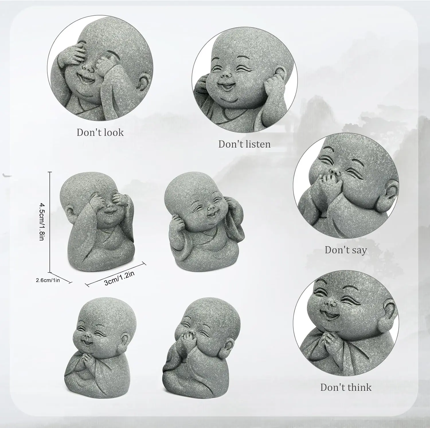 4Pcs Baby Buddha Statue Set, 2 Inch Mini Zen Monk, Sandstone Buddha for Desk Decor