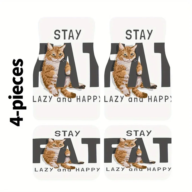 4pcs Car Mats With Orange Cat Leaning On Letters Design, Suitable For All Models, Polyester Material, Stylish And Durable, Easy