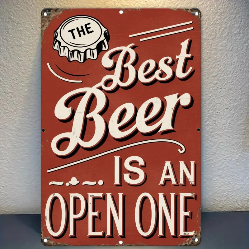 2D Flat Beer Themed Tin Sign - Best Beer Is Open One Funny Wall Art for Pub Bar Restaurant Oktoberfest Outdoor Party Gift