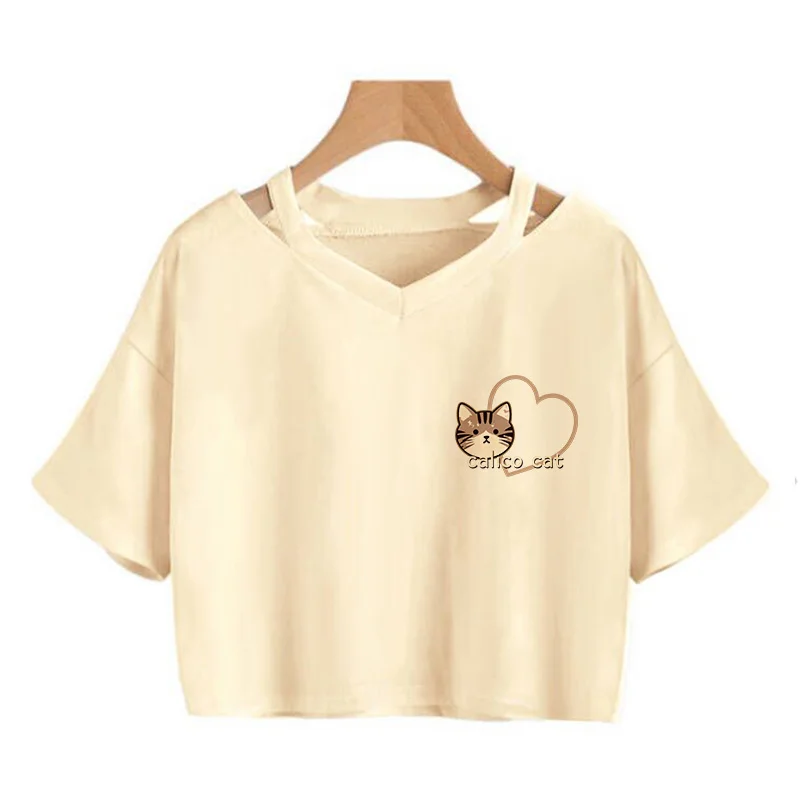 Funny Calico Cat Print V-neck Short Sleeve Cropped T Shirt Women's Sexy Crop Top with Cute Kitten Design Graphic T-shirt Clothes