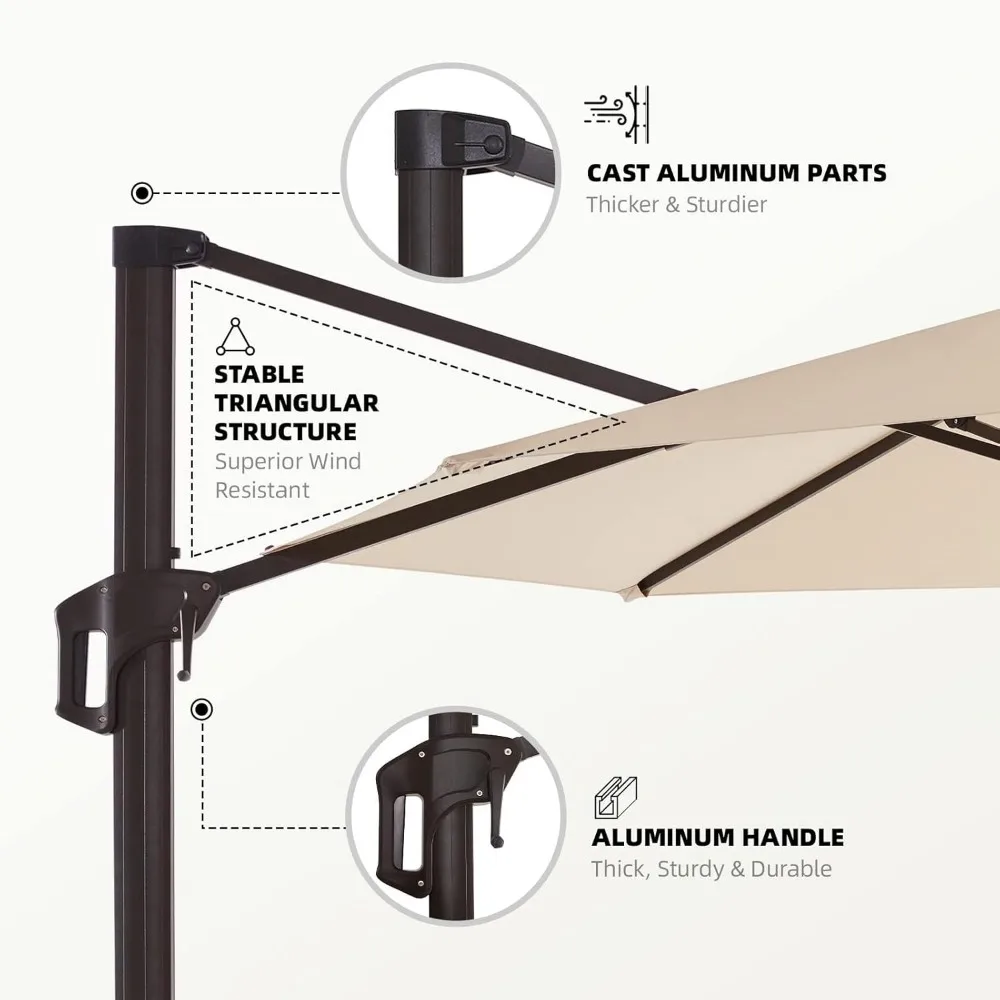 Patio Umbrella 12 FT Cantilever, 6-Level 360°Rotation Heavy Duty Large Umbrella with Cross Base, Outdoor Umbrella