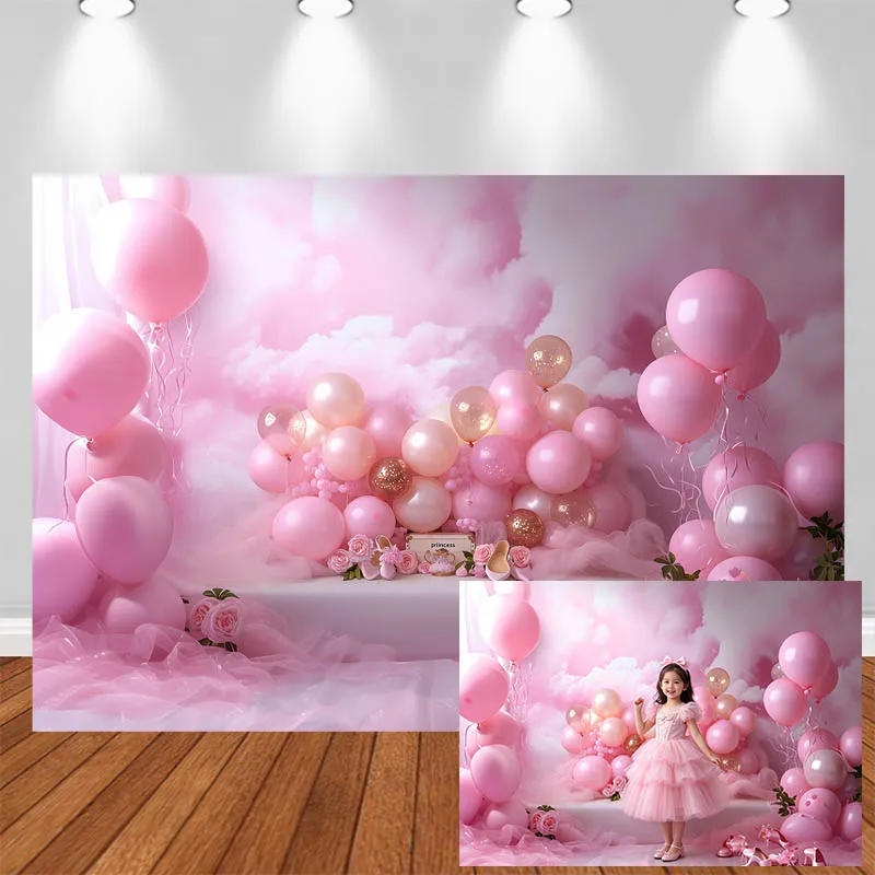 

LS Photography Background Pink Balloon Flower High Heel Decor Birthday Baby Shower Cake Smash Kids Portrait Photo Backdrop