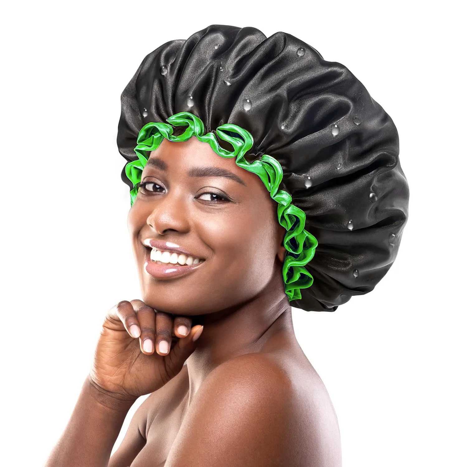 【Hot sales】Black double shower cap Women\'s waterproof shower cap Household lampblack hood Universal dry hair mask cap