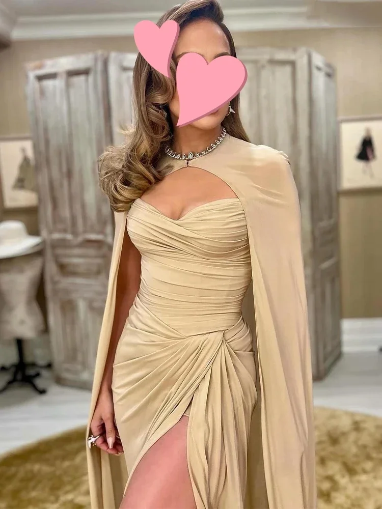 Customized Dress Elegant Vintage Simple Champagne Ruffle Cape Strapless Customize Formal Occasion Prom Dress Evening Party Gowns