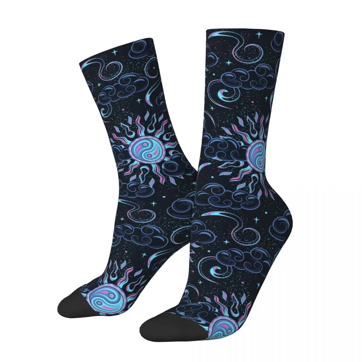 Sock for Men Sun Ying Yang Symbol Clouds Stars Mystical Surreal Vintage Psychedelic Pattern Printed Crew Sock Novelty Gift