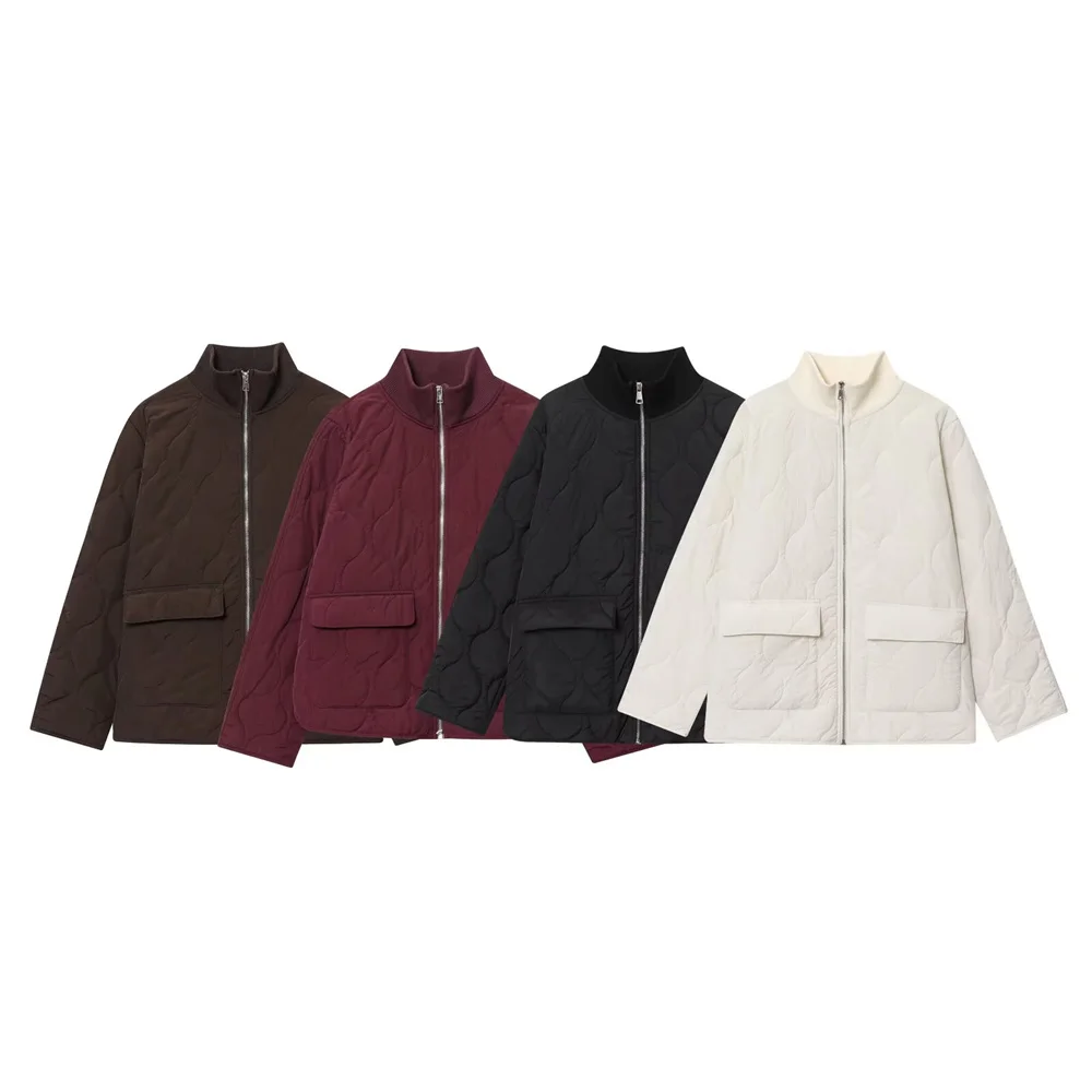 

New autumn and winter women's clothing style simple stand up collar long sleeved large silhouette quilted thin cotton jacket